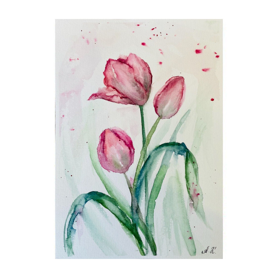 オリジナルチューリップ水彩画：小さな花のアートワーク（8x6） - Etsy