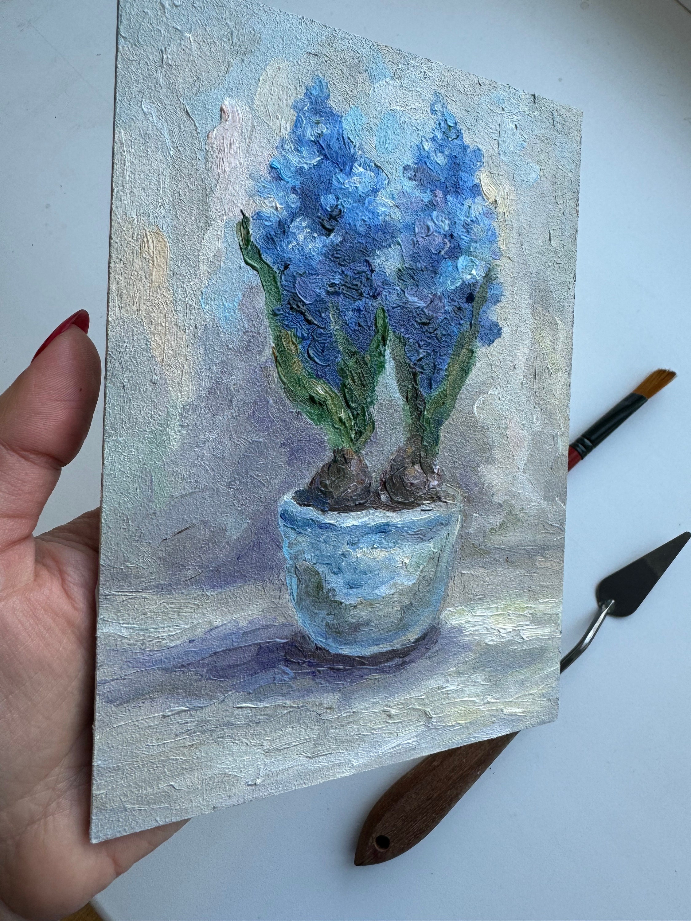ブルーヒヤシンスのインパスト画：花の静物画、7x5インチのオリジナル