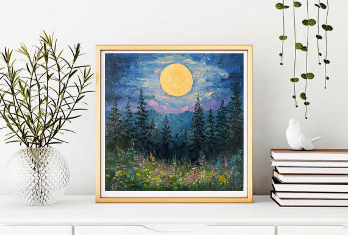 満月の松の木の油絵：夜の森のインパストアート（8x8インチ） - Etsy 日本