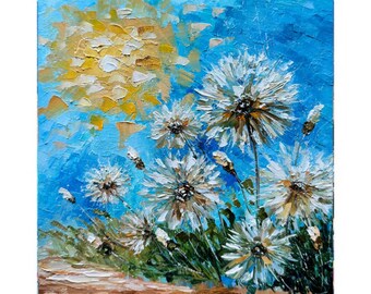 Dandelion Oil Painting: Impasto Meadow Landscape Art (8x8 inches)