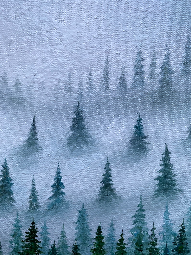 Oil painting Misty Forest Art Foggy forest Landscape painting Christmas tree oil painting original art Spruce Forest painting round artwork image 10