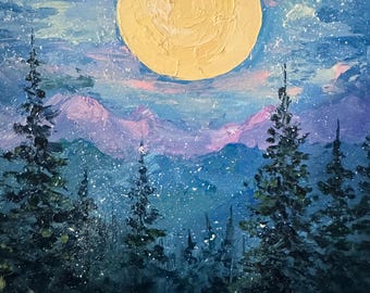 満月の松の木の油絵：夜の森のインパストアート（8x8インチ） - Etsy 日本