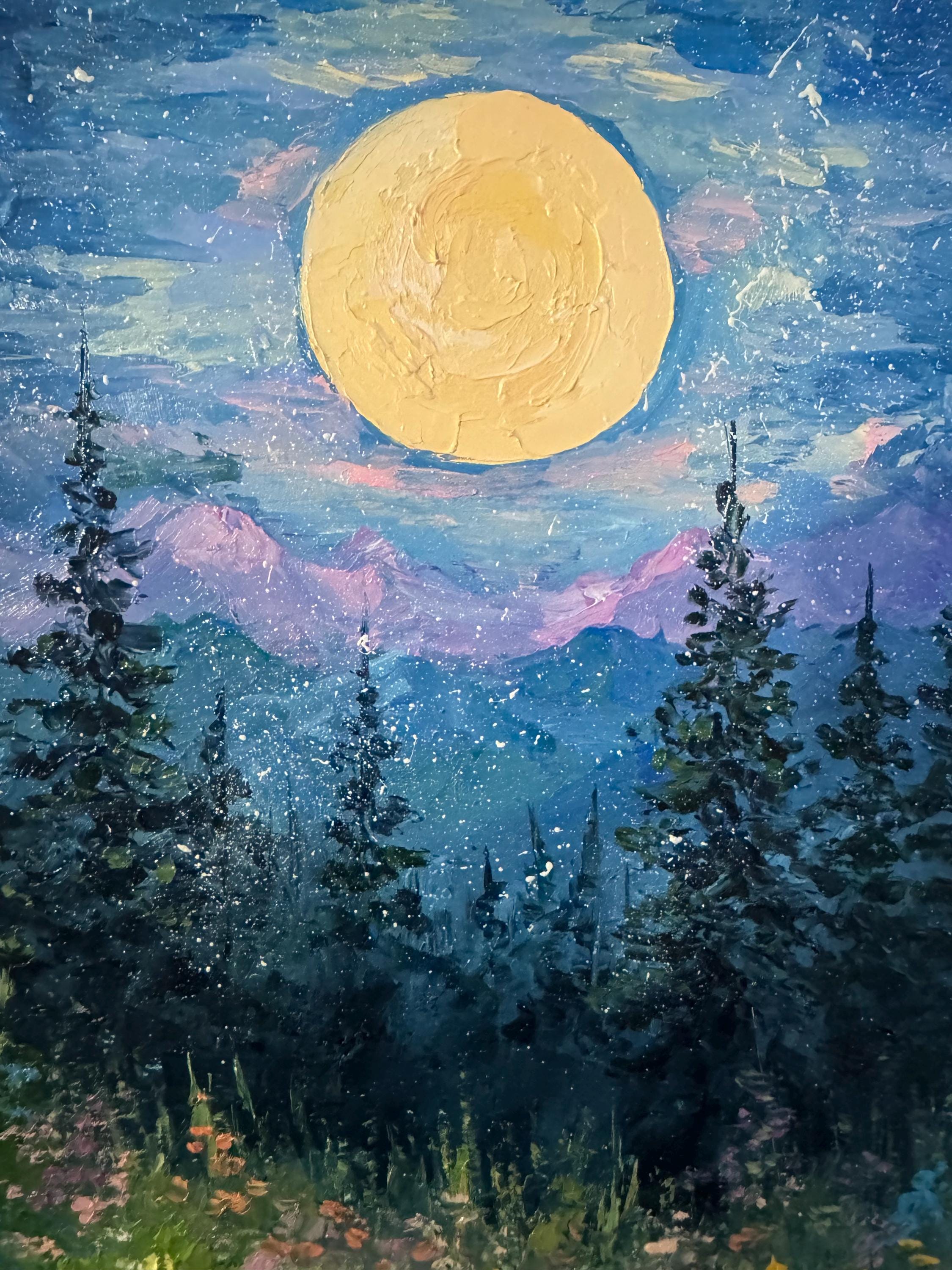 満月の松の木の油絵：夜の森のインパストアート（8x8インチ） - Etsy 日本
