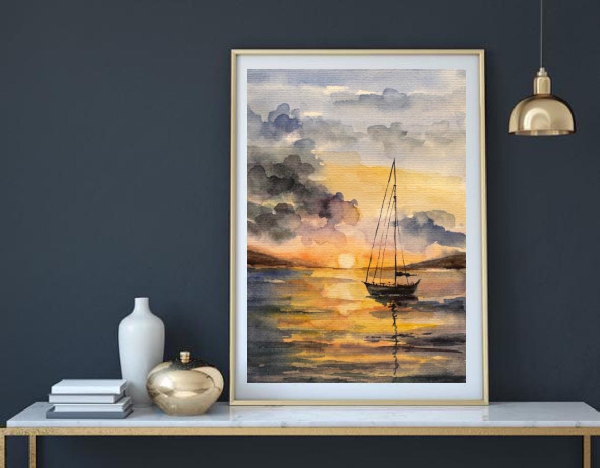 オリジナル水彩画「帆船」：カリフォルニアの海景アート 6x8 - Etsy 日本
