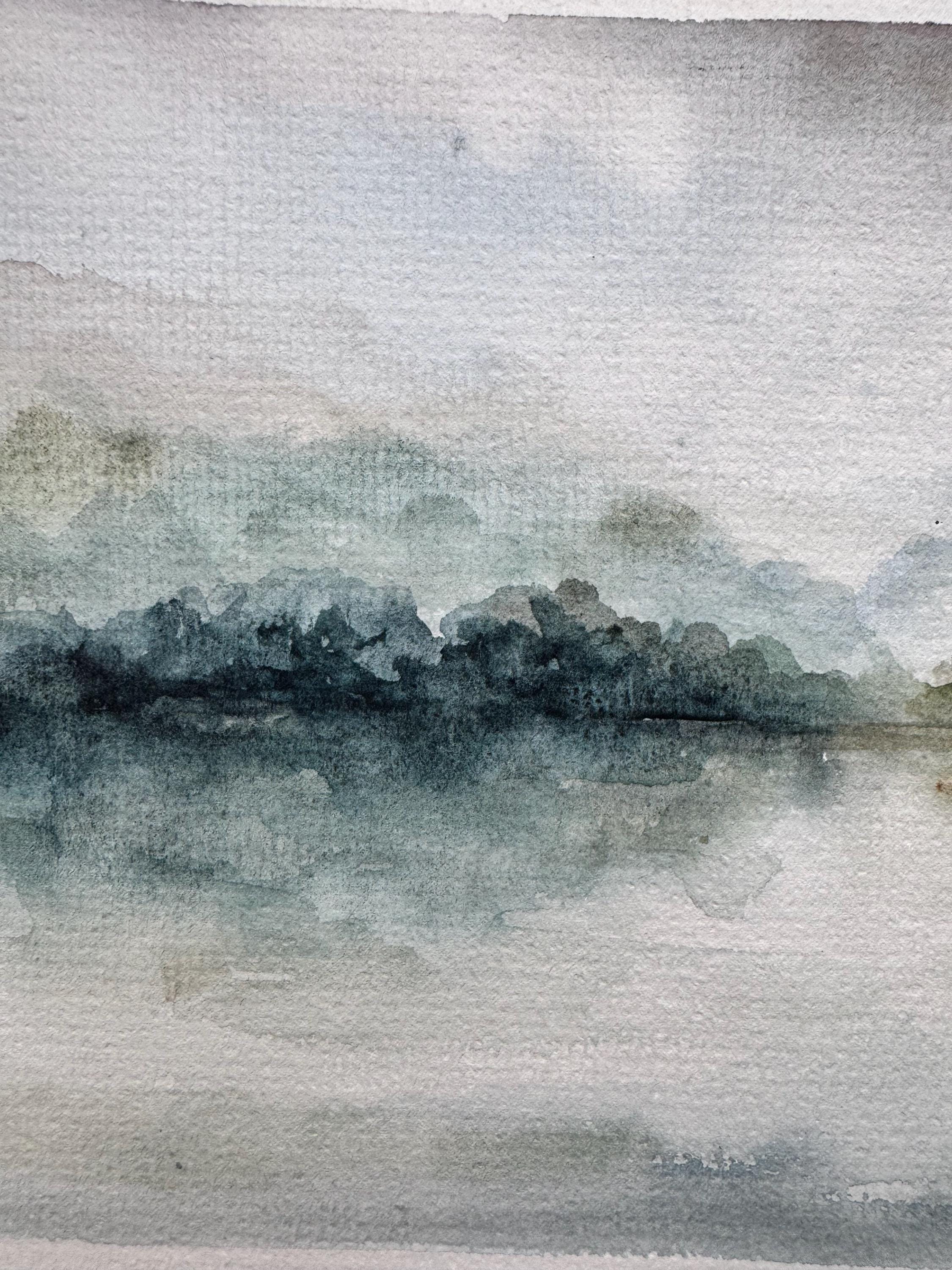 霧の湖の絵画：オリジナル水彩風景画（8 x 6インチ） - Etsy 日本