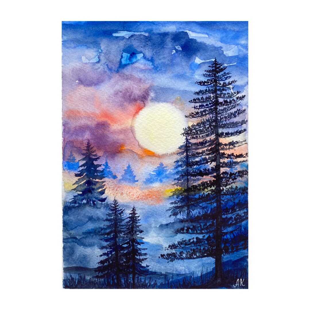 満月の風景画 水彩画 オリジナルアート 夜の森 アート 松の木