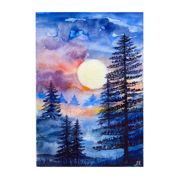 満月の風景画 水彩画 オリジナルアート 夜の森 アート 松の木