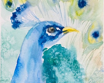 オリジナルの孔雀の水彩画：カラフルな鳥の壁アート（8x6） - Etsy 日本
