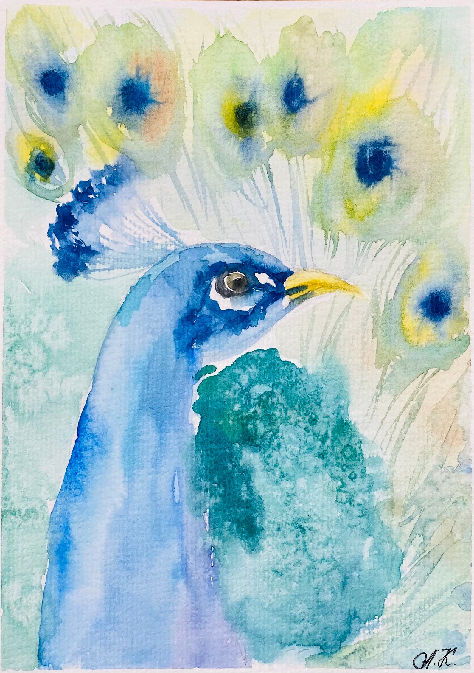 オリジナルの孔雀の水彩画：カラフルな鳥の壁アート（8x6） - Etsy 日本
