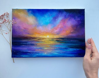 キャンバスに描かれた夕焼けの海景油絵（8x12インチ） - Etsy 日本