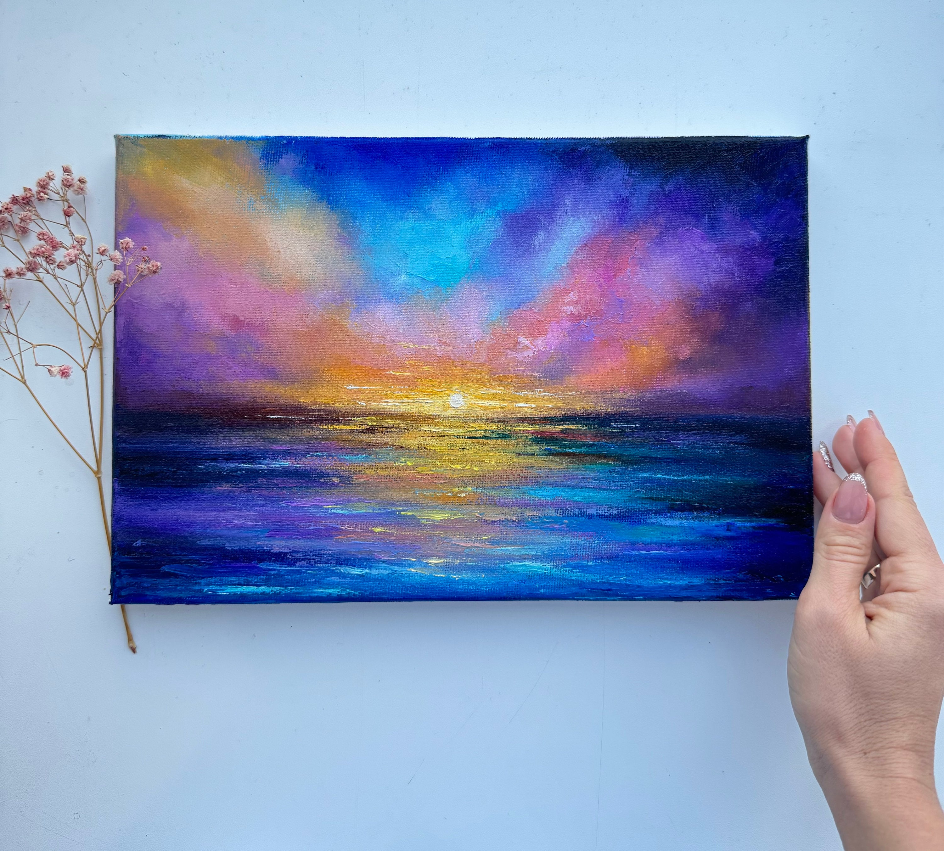 キャンバスに描かれた夕焼けの海景油絵（8x12インチ） - Etsy 日本