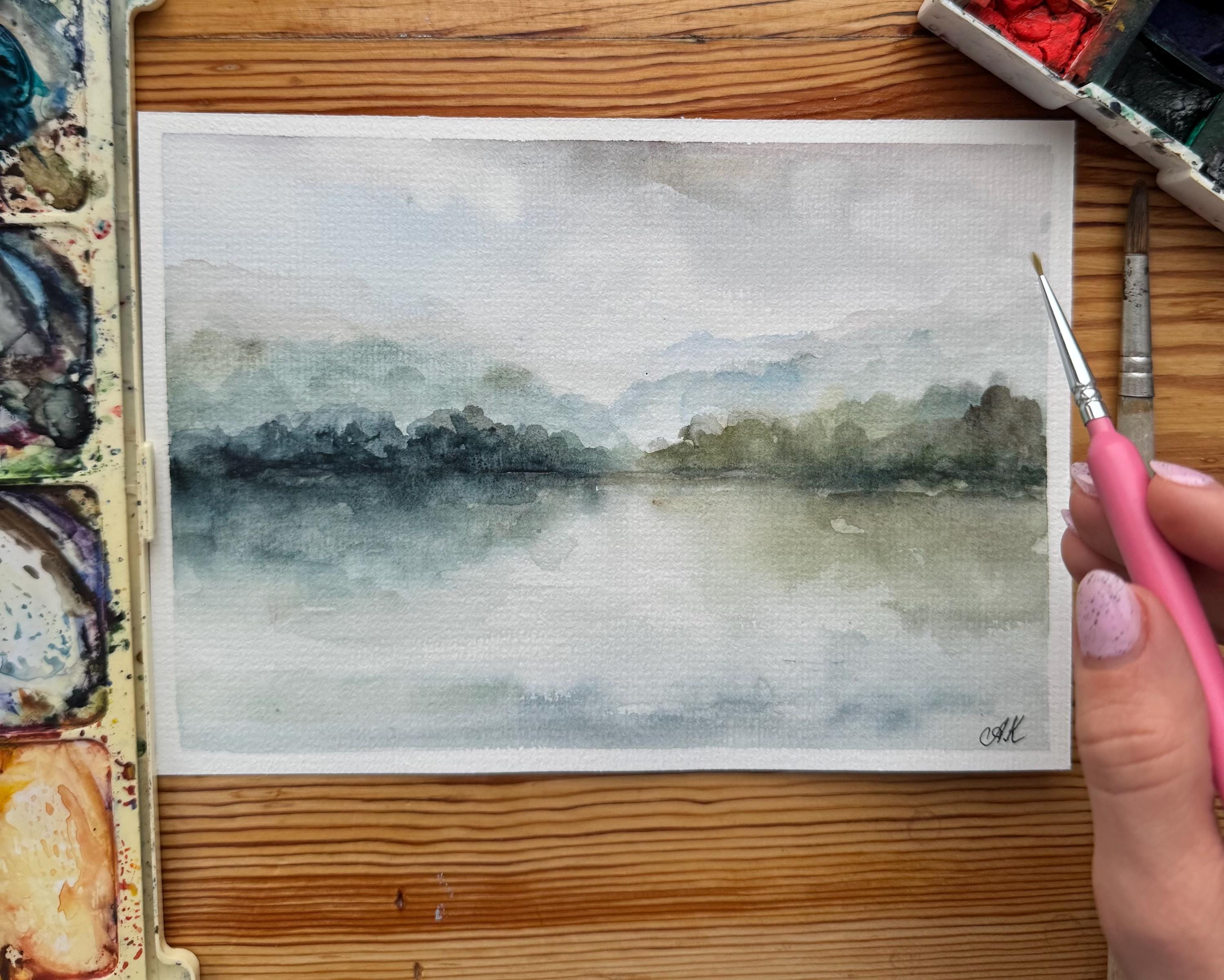 霧の湖の絵画：オリジナル水彩風景画（8 x 6インチ） - Etsy 日本