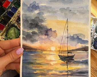 オリジナル水彩画「帆船」：カリフォルニアの海景アート 6x8 - Etsy 日本
