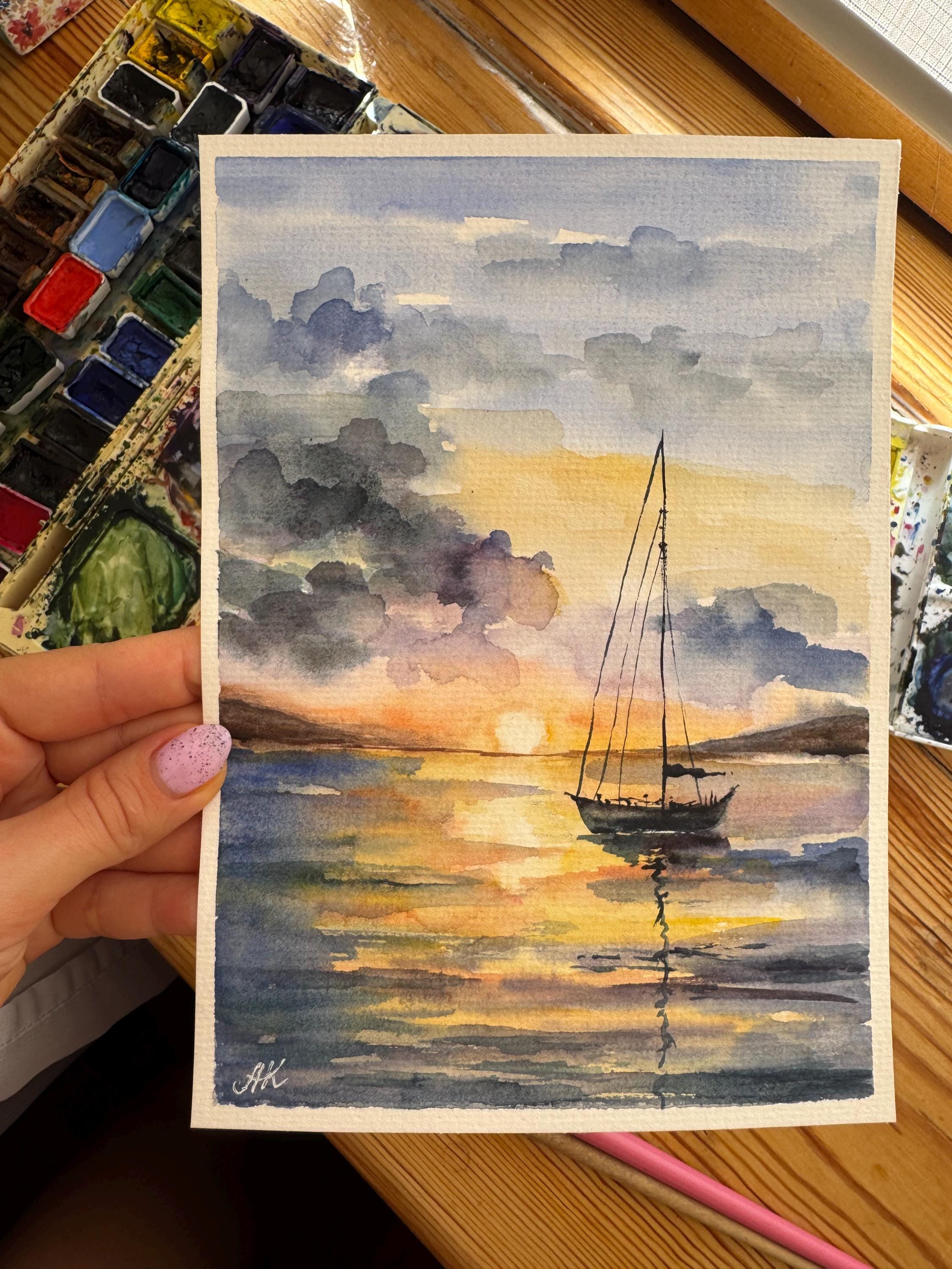 オリジナル水彩画「帆船」：カリフォルニアの海景アート 6x8 - Etsy 日本