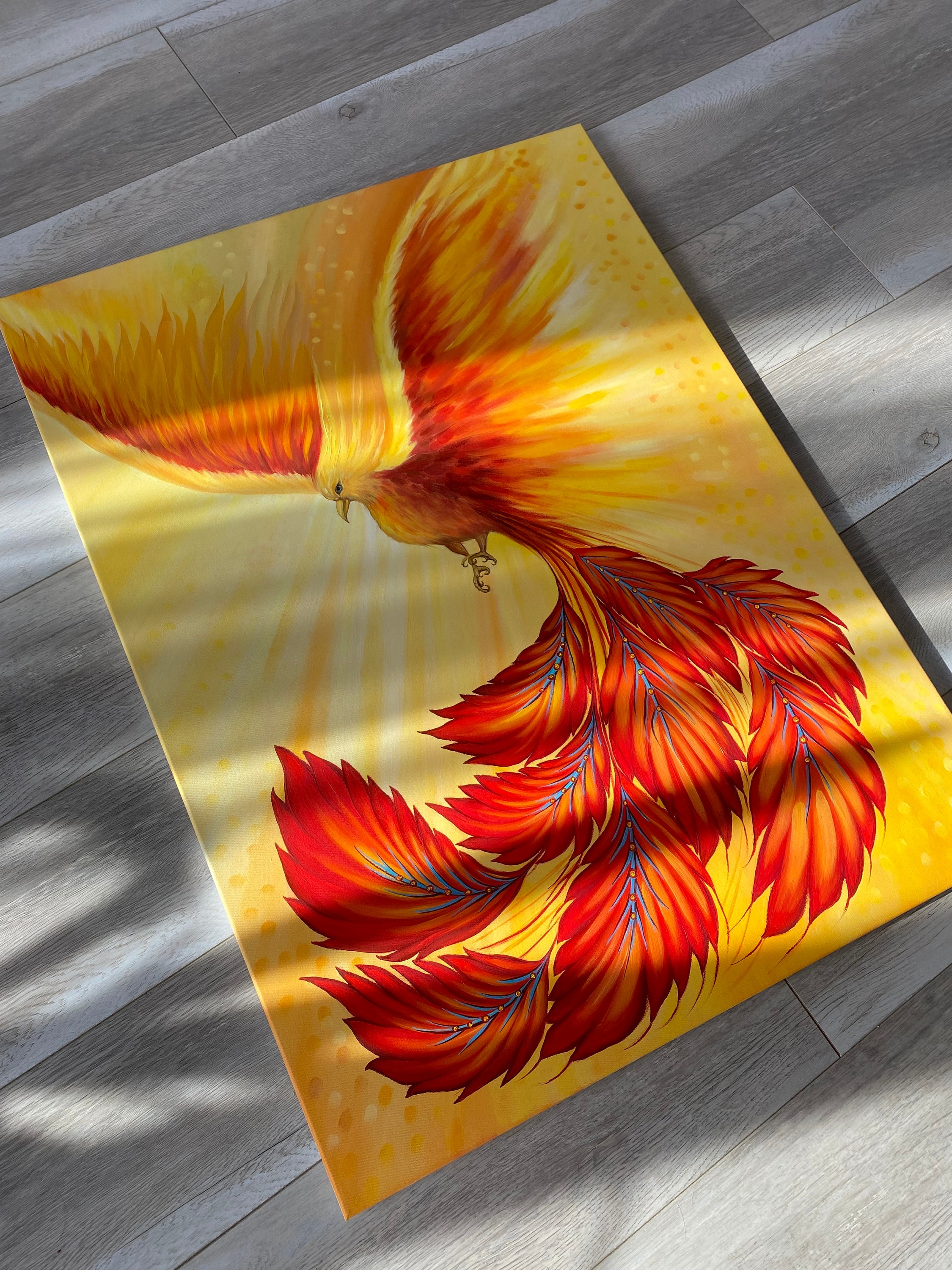 オリジナルフェニックス油絵：火の鳥インパストアート（35.5x23.5