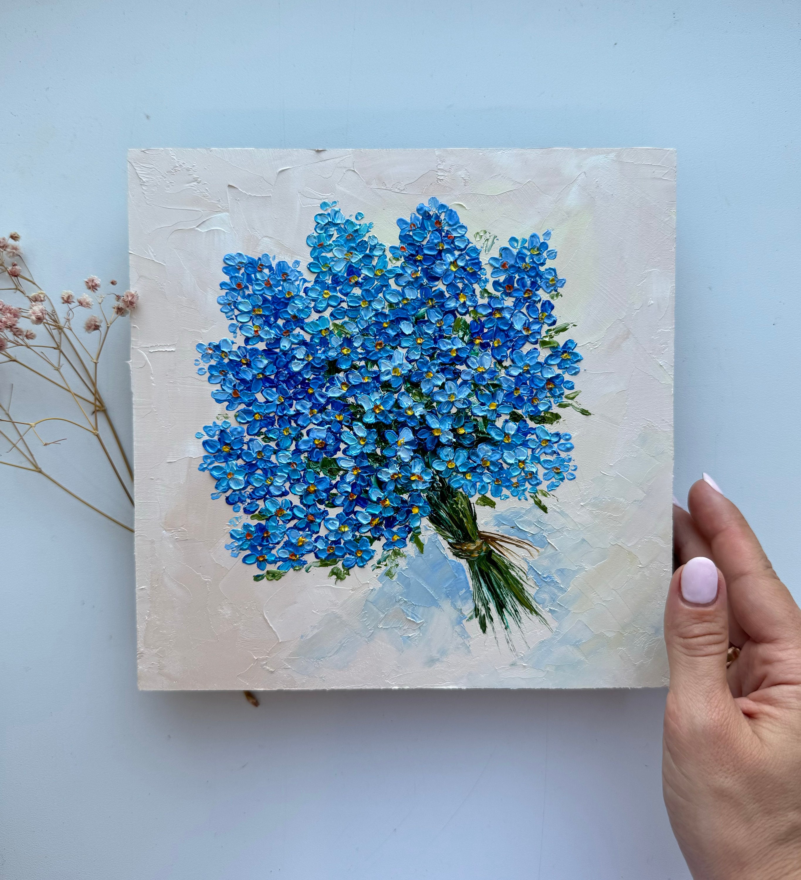 Forget-me-nots Oil Painting: Impasto Floral Art, 8x8 - Etsy