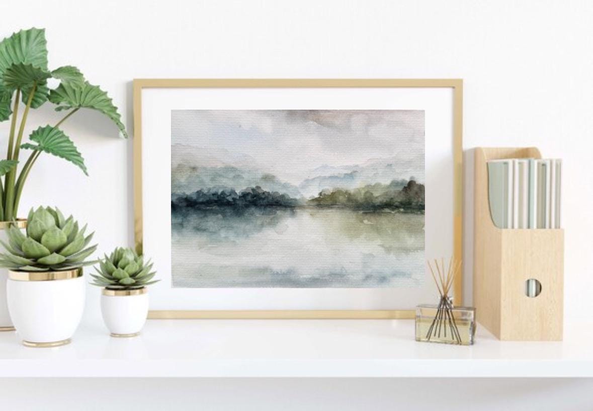霧の湖の絵画：オリジナル水彩風景画（8 x 6インチ） - Etsy 日本