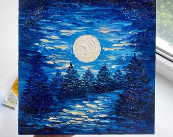 満月の松の木の油絵：夜の森のインパストアート（8x8） - Etsy 日本