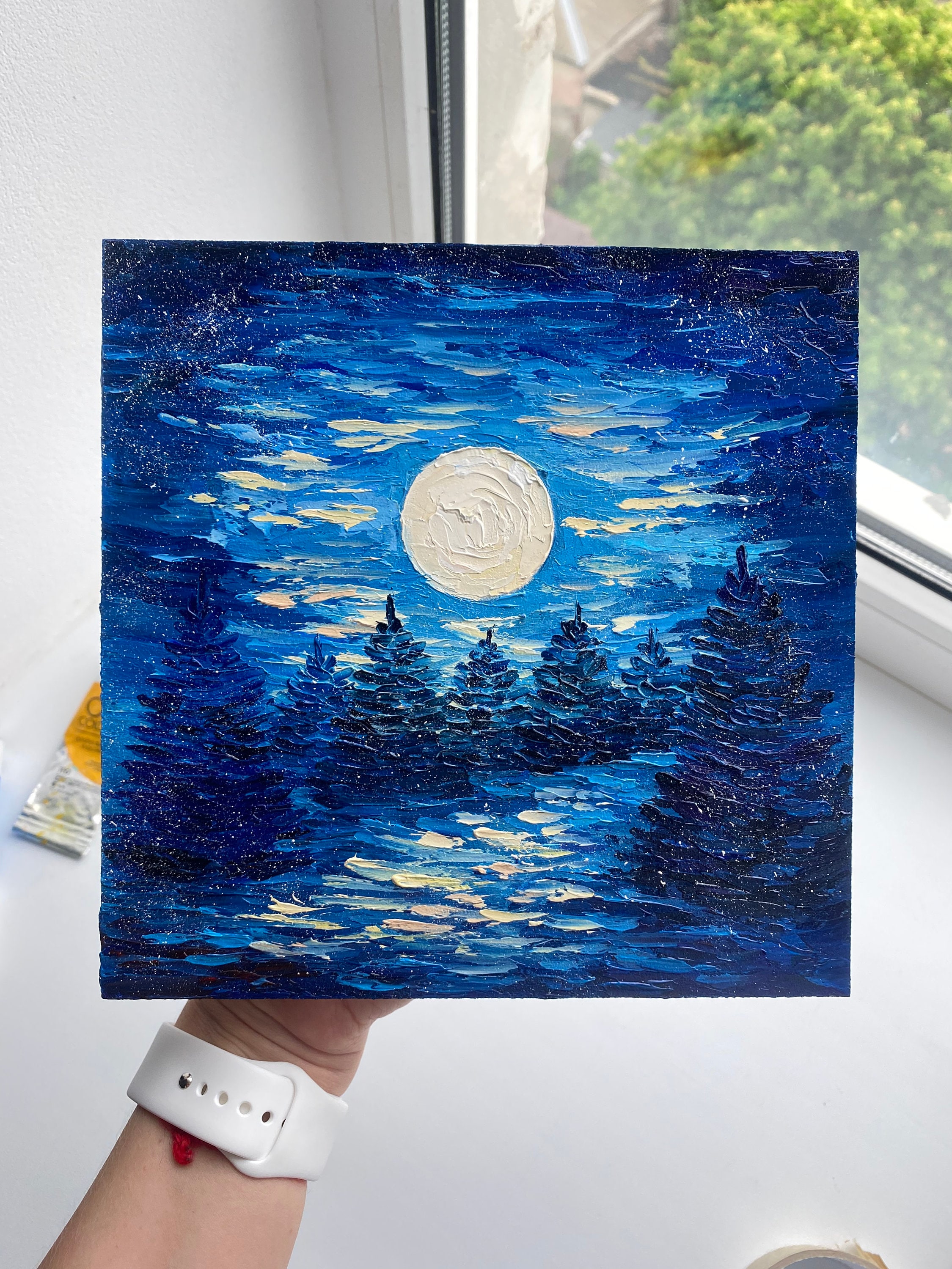 満月の風景画 松の木 オリジナルアート 夜の森 油絵 月光