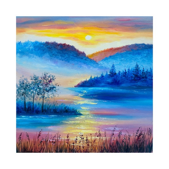 霧のかかった湖の夕日の絵画：オリジナル油彩風景画、8x8インチ - Etsy