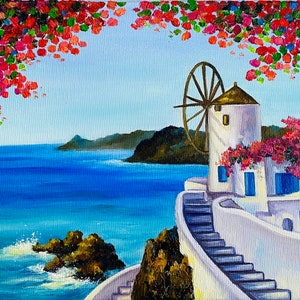 Santorini schilderij Griekenland originele kunst Santorini Wall Art zeegezicht schilderij Griekenland landschapskunst Santorini impasto schilderij op canvas 8x10