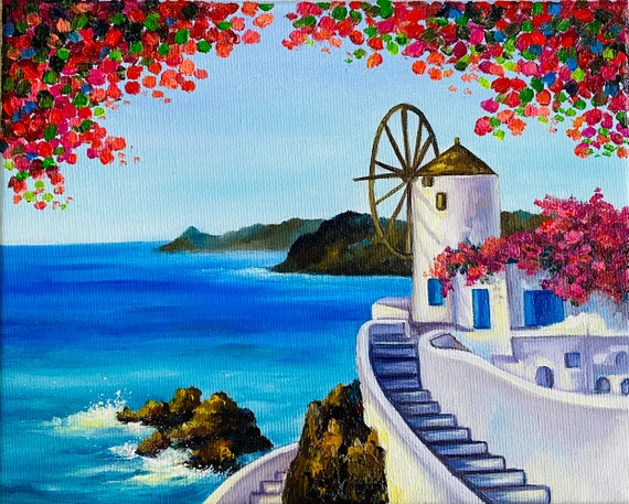 Santorini Impasto Painting: Original Greek Seascape Art, 8x10