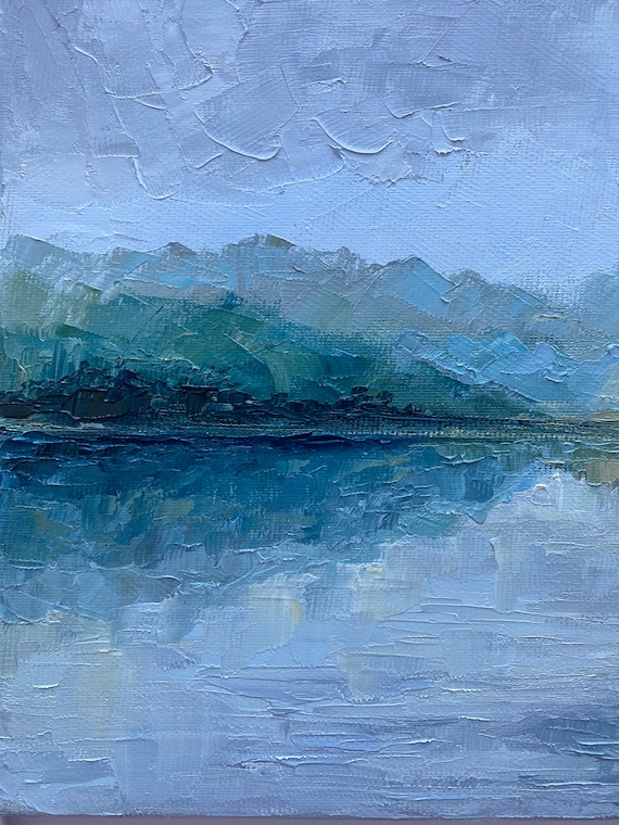霧の湖の絵画：オリジナルの霧の風景画、厚塗り技法、8x12インチ