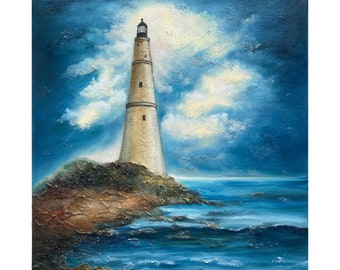 Original Lighthouse Oil Painting: Coastal Seascape Textured Art, 14x14