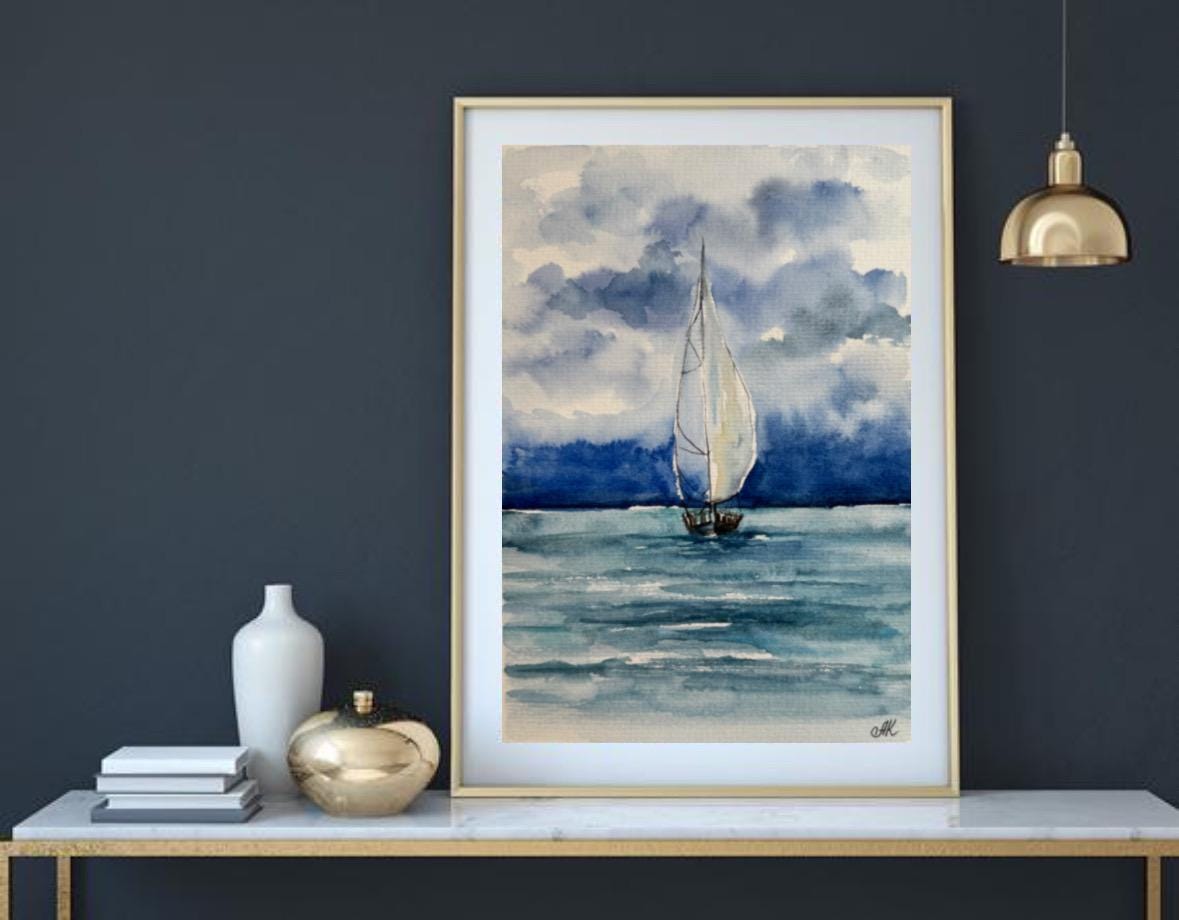 オリジナル水彩画「帆船」：カリフォルニアの海景アート 6x8 - Etsy 日本