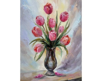 Pintura empastada de tulipas rosas: pintura floral a óleo sobre tela (12x8)