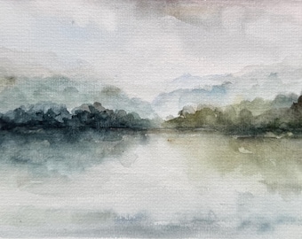 霧の湖の絵画：オリジナル水彩風景画（8 x 6インチ） - Etsy 日本