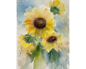 Original Sonnenblumen Aquarell Gemälde: Blumen Wandbild (20x15)