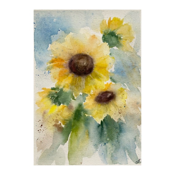 オリジナルひまわり水彩画：花の壁アート（8x6） - Etsy 日本