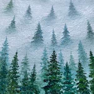 Oil painting Misty Forest Art Foggy forest Landscape painting Christmas tree oil painting original art Spruce Forest painting round artwork image 7