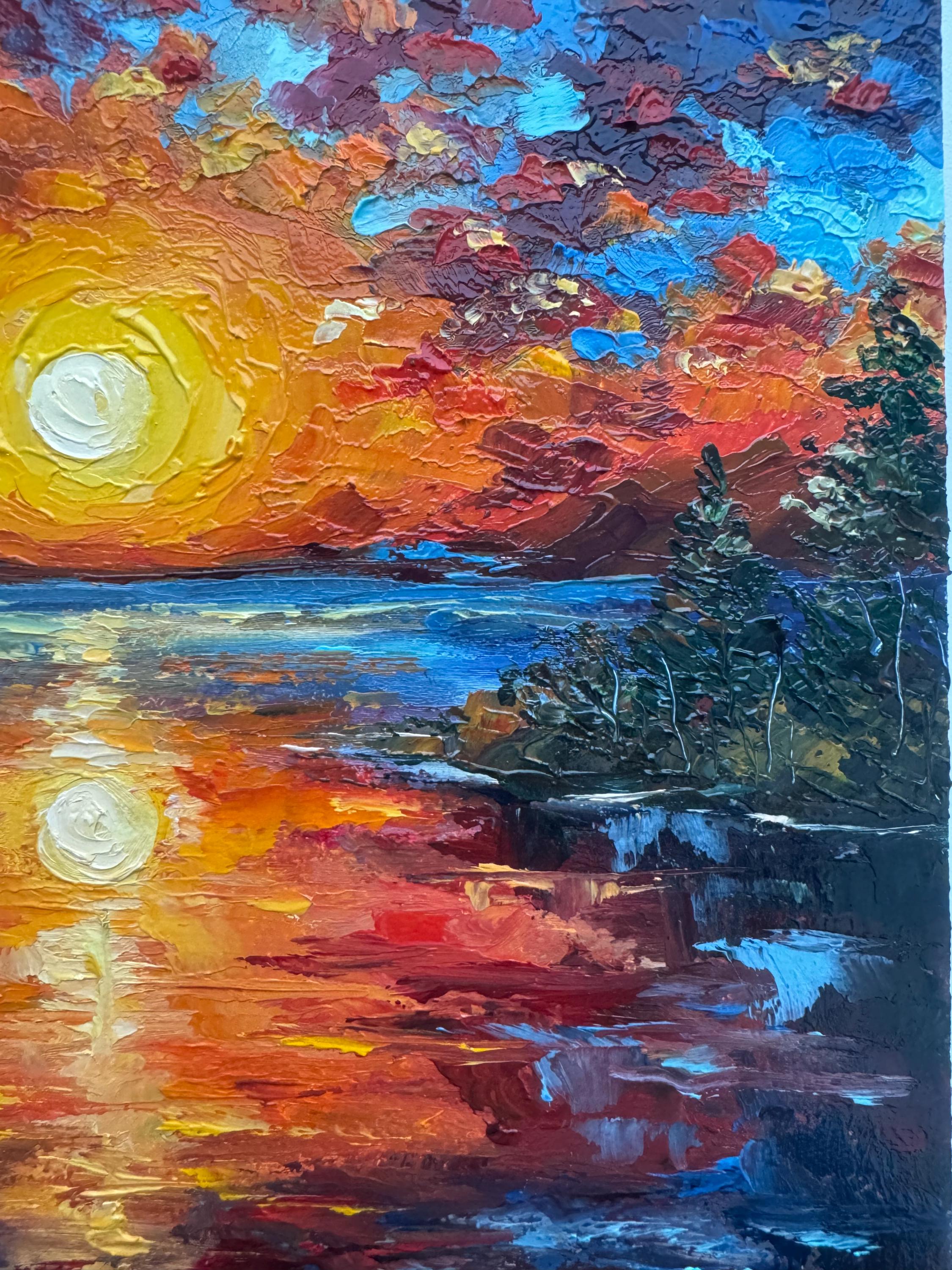 夕映え　【油絵】 ミシガン湖の夕日の油絵：オリジナルのインパスト風景画（8 x 8インチ