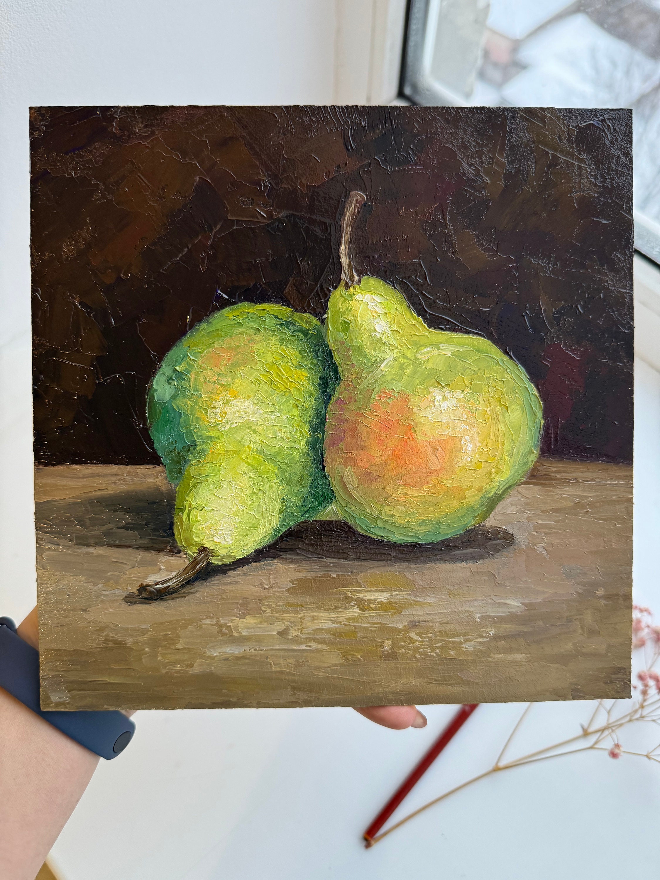 オリジナルの洋梨の油絵：インパストフルーツ静物画、8x8 - Etsy 日本