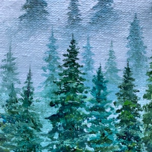 Oil painting Misty Forest Art Foggy forest Landscape painting Christmas tree oil painting original art Spruce Forest painting round artwork image 6