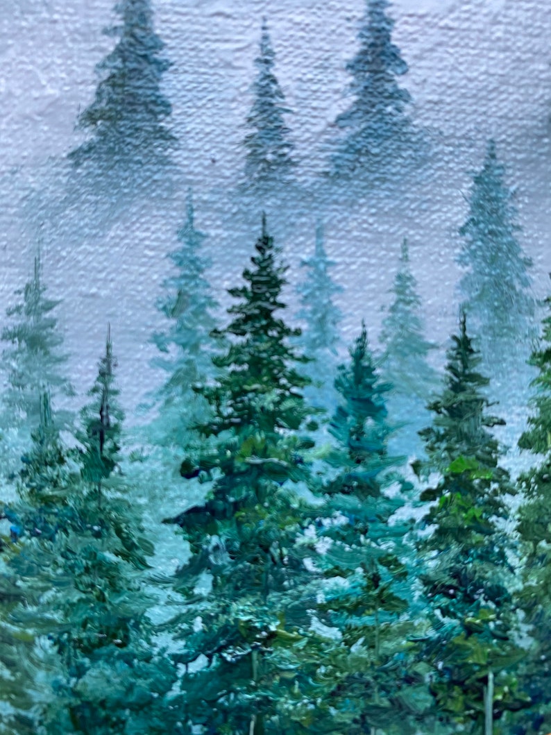 Oil painting Misty Forest Art Foggy forest Landscape painting Christmas tree oil painting original art Spruce Forest painting round artwork image 6