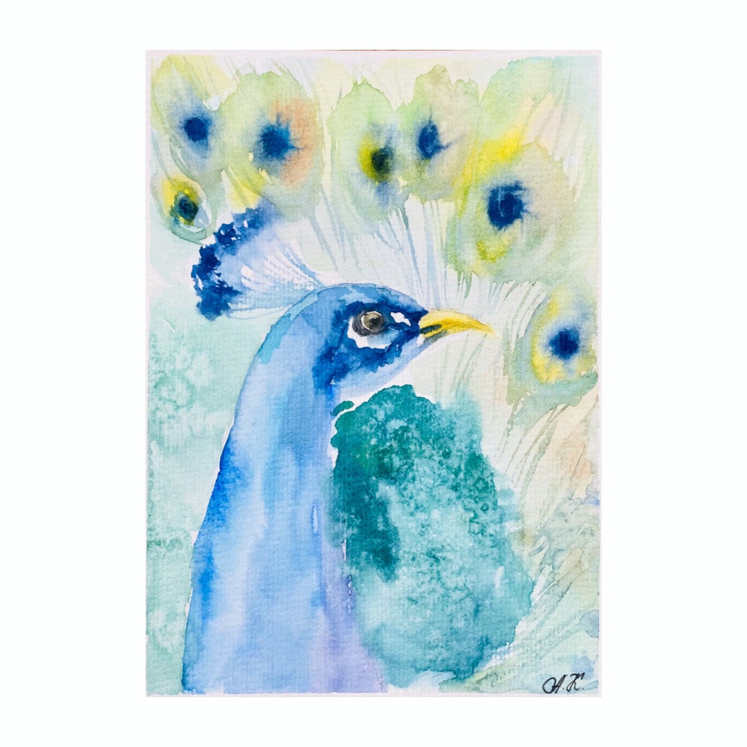 オリジナルの孔雀の水彩画：カラフルな鳥の壁アート（8x6） - Etsy 日本
