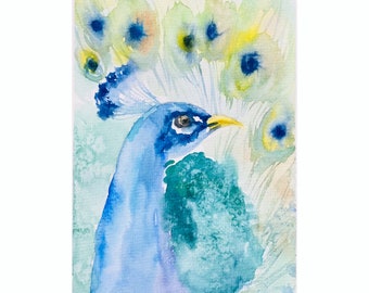 Originele pauw-aquarelschilderij: kleurrijke vogel kunst aan de muur (8 x 6)
