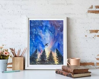 夜の森の水彩画：銀河の空の松の木、6x8のオリジナルアート - Etsy 日本
