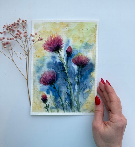 スコットランドのアザミのオリジナル水彩画：8x6の花の壁アート - Etsy