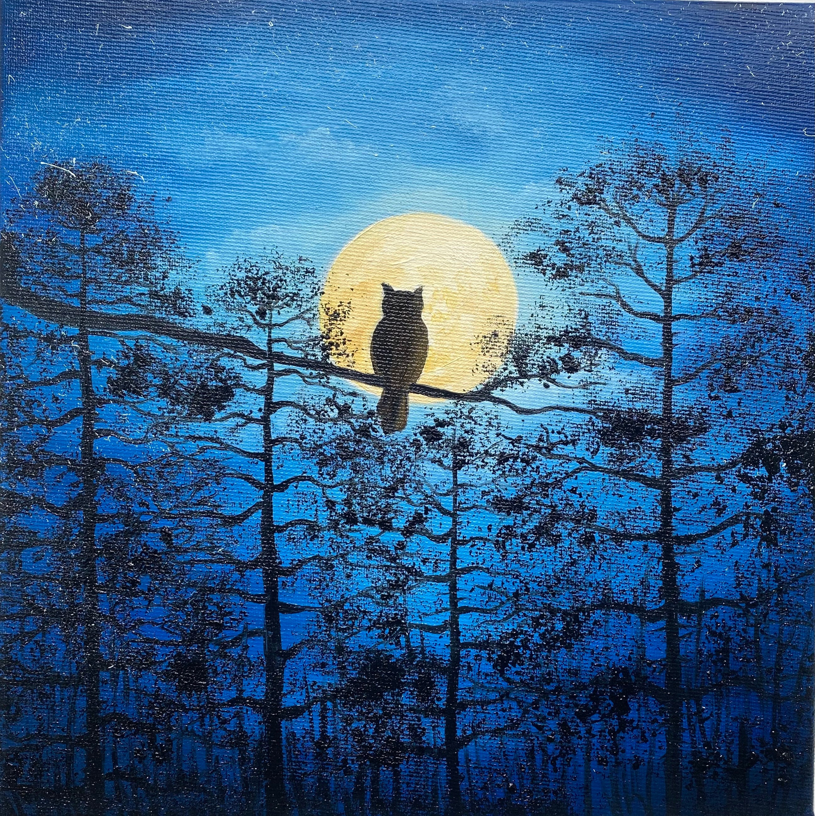 Original Full Moon Oil Painting: Night Forest Pine Trees