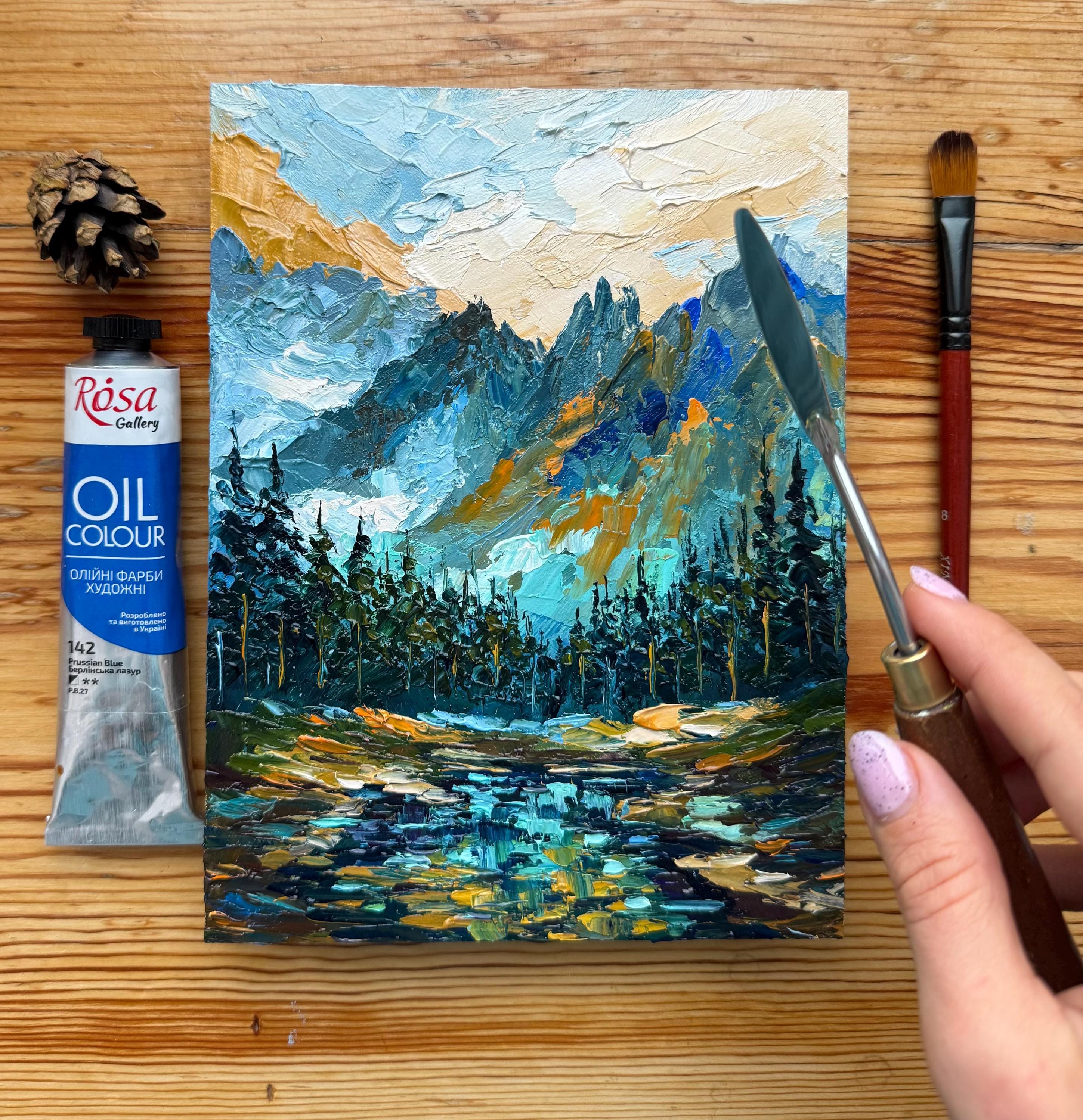 グレイシャー国立公園の油絵：インパスト山の風景画 8x6 - Etsy 日本