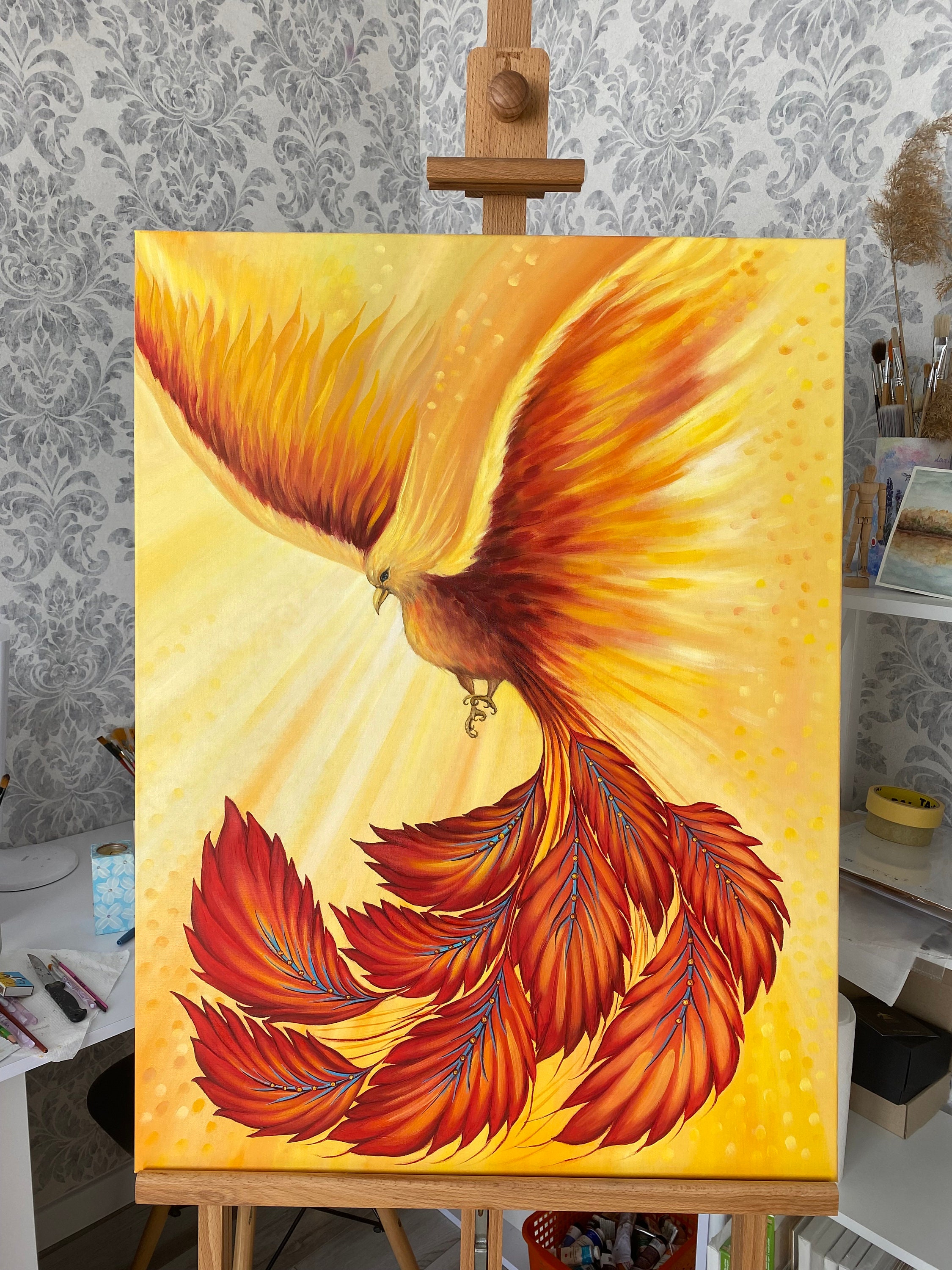 オリジナルフェニックス油絵：火の鳥インパストアート（35.5x23.5
