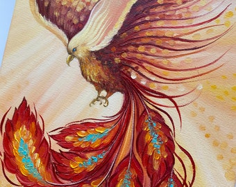 フェニックス油絵：インパスト・ファイアーバード・アート - 10x10