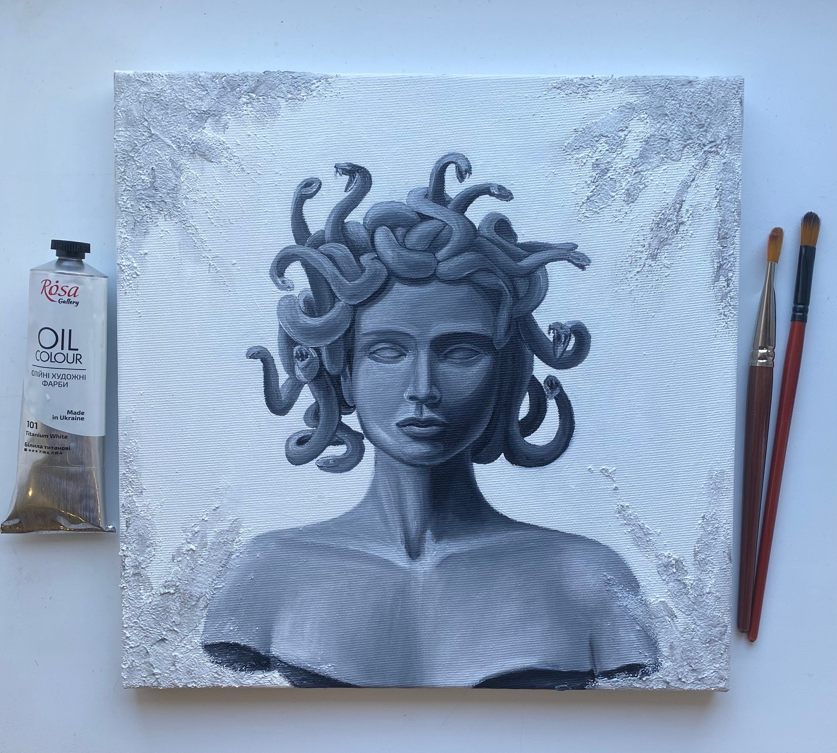 メデューサ・ゴルゴン油絵：ギリシャの女神の肖像、12x12インチの