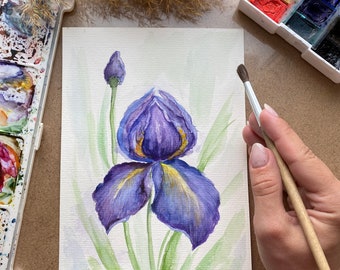 オリジナルパープルアイリス水彩画：花の壁アート（8x6） - Etsy 日本