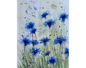 May include: Watercolor painting of a field of blue cornflowers. The flowers are painted in a loose, impressionistic style, with soft edges and delicate brushstrokes. The background is a light wash of green and yellow, with a few scattered dots of color.
