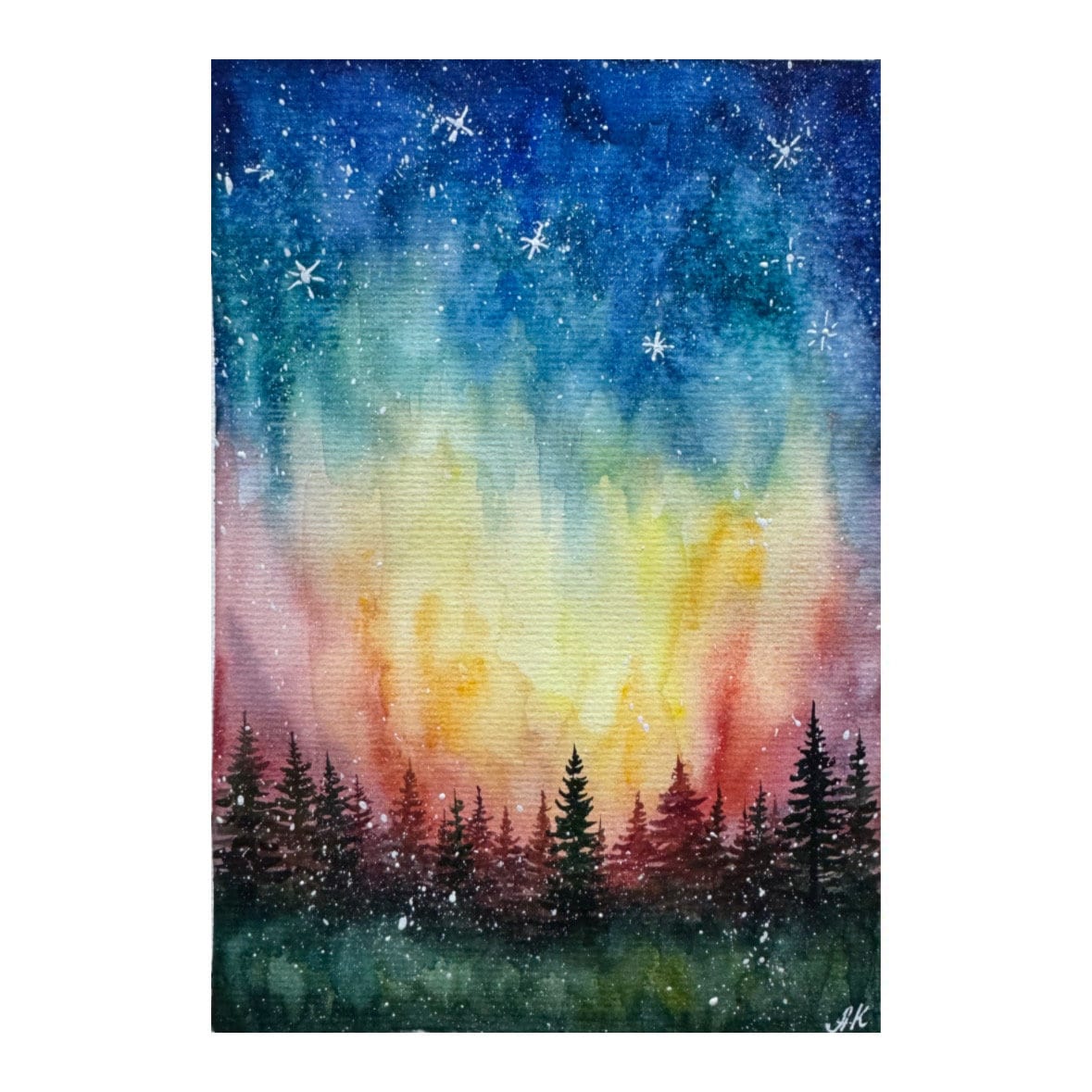 Original Starry Sky Watercolor Painting: Pine Tree Galaxy
